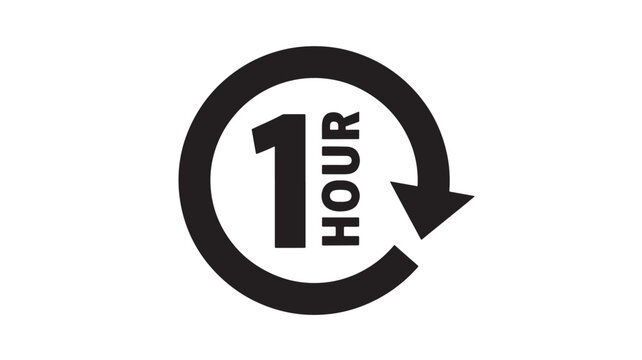 Circle icon with number 1 and word HOUR and a circular arrow indicating one hour time limit or speed delivery.