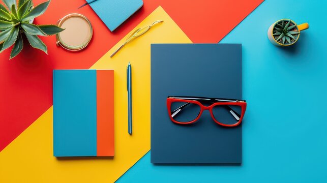Flatlay of colorful stationery, glasses, and plants on a vibrant background.