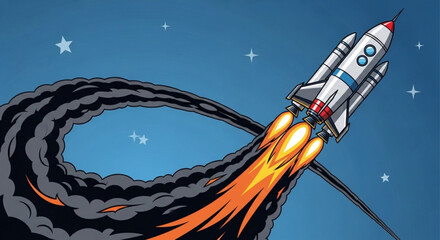 Rocket ship blasting off into starry night sky with vibrant flames © Hamna