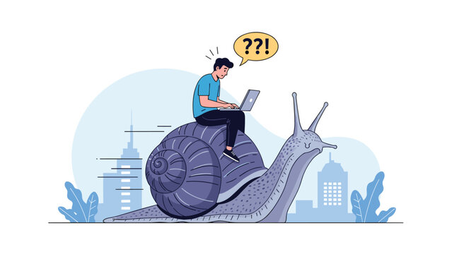 Frustrated man sitting on a giant snail while trying to work on his laptop, a humorous metaphor for slow internet connection speed.