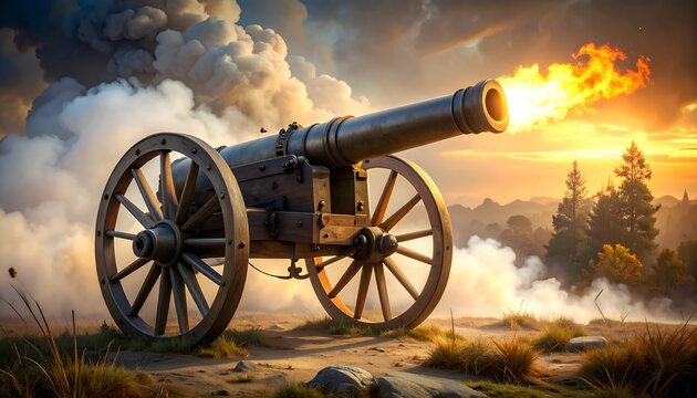 An old cannon fires with smoke and flames against a dramatic sky