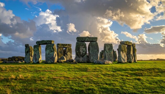 Ancient stone monoliths stand on a grassy field under a dramatic sky