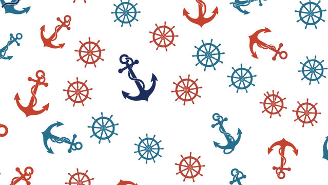 Seamless nautical pattern design featuring red and blue anchors and ship steering wheels on a white background.