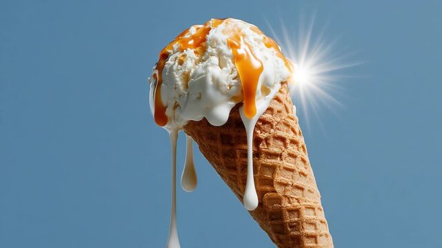 Delicious Ice Cream Cone with Dripping Toppings Under Bright Sky