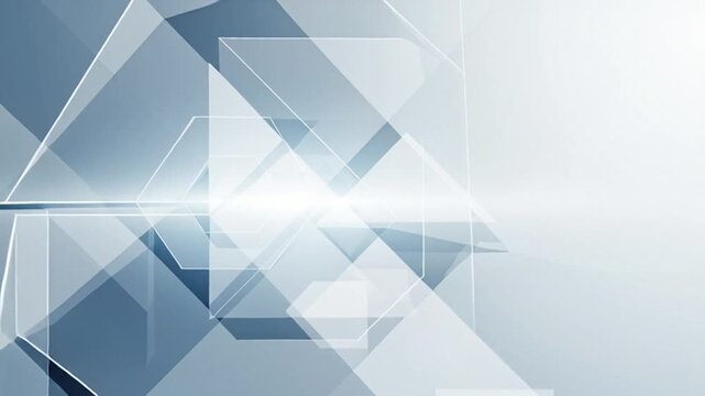 Abstract geometric shapes intersect in a blue and white background with light effects.