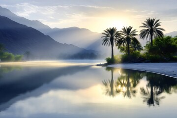 Oasis with palm trees reflecting in tranquil lake at sunrise