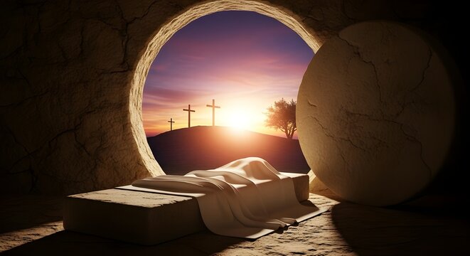 Crucifixion and Resurrection. Empty tomb of Jesus with crosses in the background. Easter or Resurrection concept. He is Risen. Happy Easter.
