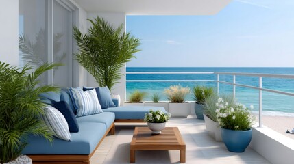 Obraz premium Balcony ocean view with modern patio furniture