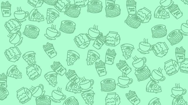 Pattern of cute food drawings in light green. Perfect for stationery designs, kitchen decor, restaurant menus, and childrens packaging.