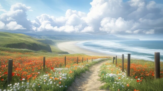 A Scenic Coastal Pathway Through Vibrant Wildflower Meadows Leading to a Beautiful Secluded Beach Under a Sunny Sky
