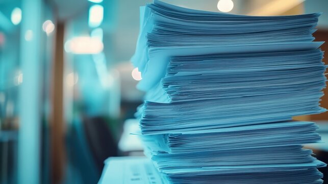 A large stack of business documents and contracts in an office setting, showcasing the volume of paperwork.