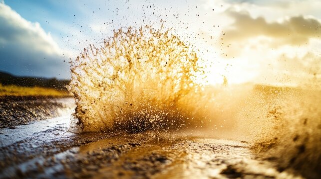 A rally car creates a massive muddy water splash as it races through a wet ditch on a rural road with soft lighting