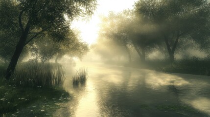Fototapeta premium A tranquil misty lake scene at dawn with soft sunlight filtering through trees