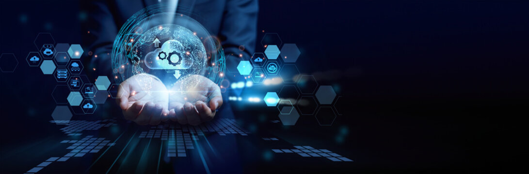 IT expert holding digital dashboard. Cloud Computing delivers scalable storage, servers, and applications through secure internet-based infrastructure.
