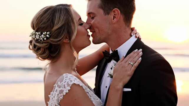 Newlyweds share a romantic kiss on the beach at a beautiful sunset.