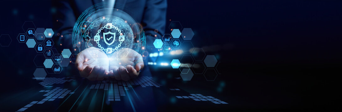 Technology expert holding digital ledger. Blockchain enables secure, transparent, and decentralized data transactions across distributed networks.