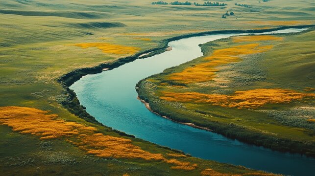 Aerial view of a vibrant, winding river flowing through lush fields of yellow and green under a soft, open sky.