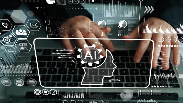 Hands Typing on Laptop with AI Graphic and Data Analysis Icons in Modern Office Environment. Asymptotic smart data analytic.