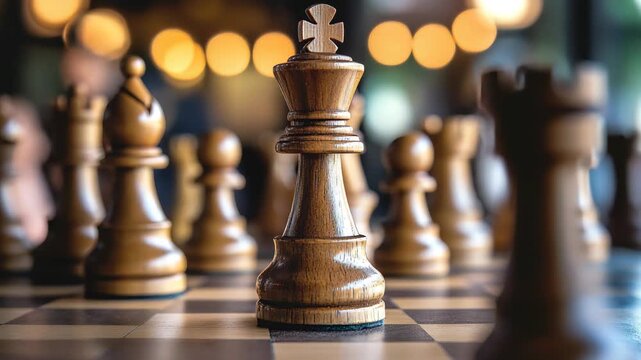 Chess pieces are arranged on a wooden board with a focus on the king piece in a well-lit room during an indoor gathering