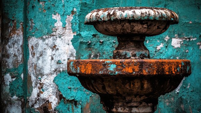 An Old, Rusty, Leaky Water Fountain in a State of Decay with Peeling Teal Walls in an Urban Park