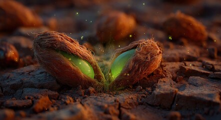 Obraz premium Glowing green seed sprouting on dry soil, representing new life, nature revival and eco-friendly growth concept