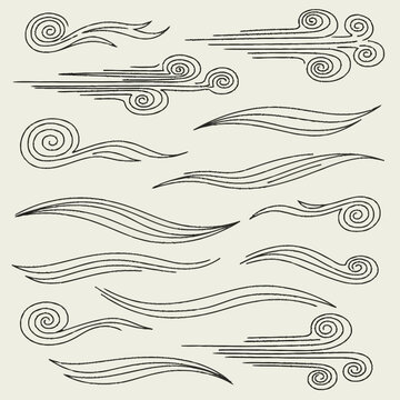 Stylized wind and air current illustrations in a doodle style.
