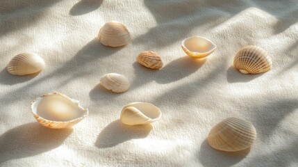 Assortment of Natural Seashells Artfully Displayed on a Textured Beach Towel in Soft Sunlight