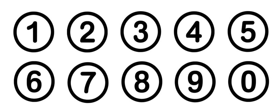 Set of 10 number icons vector, numeric symbols in circles isolated PNG with Transparent Background