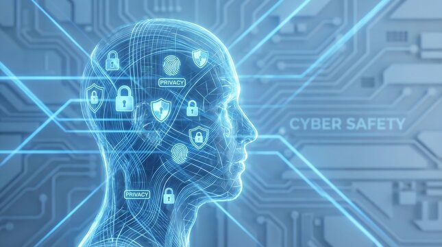 Digital illustration of a human head in profile with glowing blue circuitry and security icons on a cyber safety background with a futuristic mood.