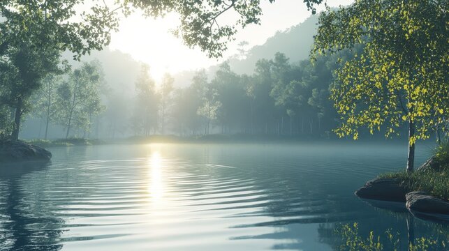Gentle morning sunlight casts soft glow on tranquil lake with misty trees and serene ripples