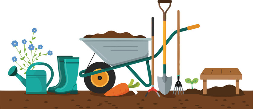 Minimalist line art vector of gardening tools including wheelbarrow shovel rake watering can boots and garden shears set.