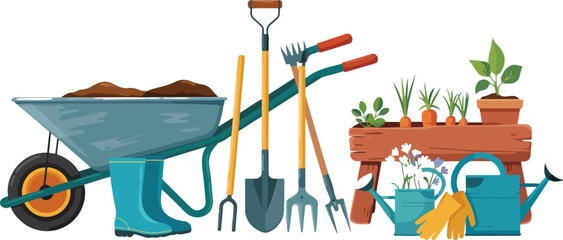 Minimalist line art vector of gardening tools including wheelbarrow shovel rake watering can boots and garden shears set. © MDESAHAQUE
