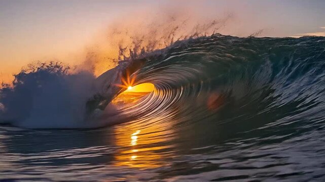 Powerful ocean wave barrels during a vibrant sunset over the water