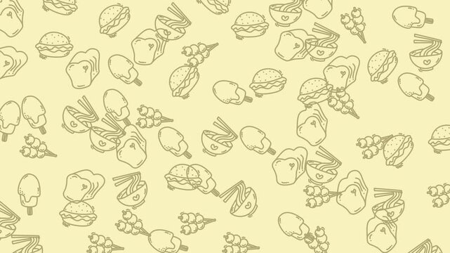 Background with repeating patterns of stylized fast food items. Ideal for food blogs, menus, restaurant promotions, or fun packaging designs.