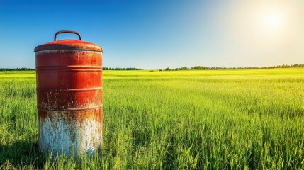 Obraz premium Rusty agricultural barrel in a vibrant green field under a clear blue sky