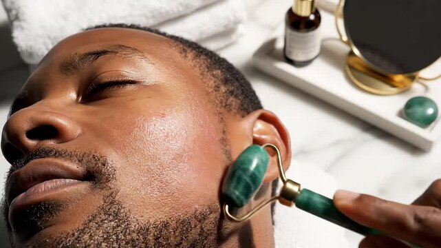 African american man relaxing during a facial massage using a jade roller for skincare and wellness