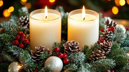 Two lit pillar candles in a rustic Christmas wreath adorned with pinecones, holly berries, and frosted greenery, creating a warm holiday atmosphere.