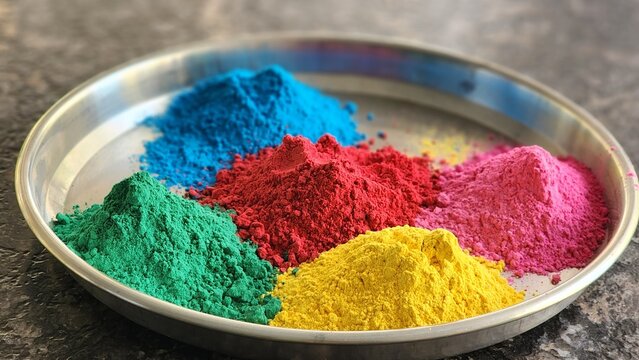 Plate of colour during Holi. The festive season of Holi is in the springtime, a plate of various colours.
