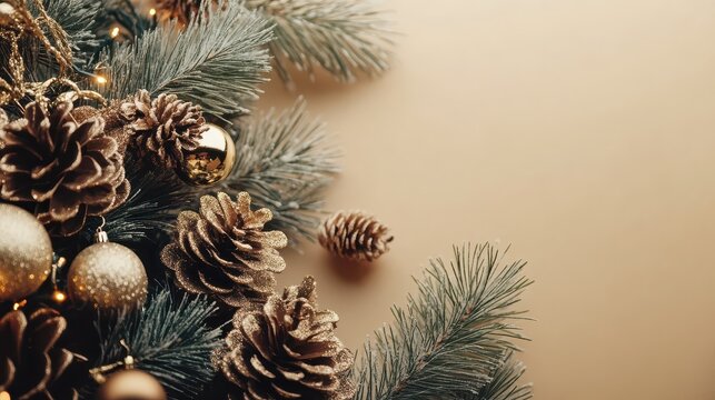 Festive Christmas Decorations featuring Pinecones and Gold Ornaments on Evergreen Branches with a Warm, Minimalist Background.