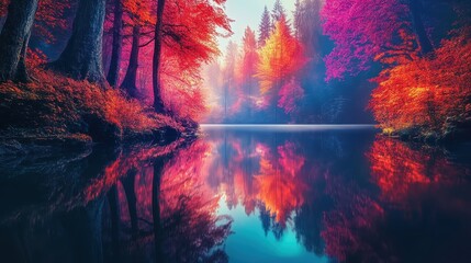 Fototapeta premium Vibrant Autumn Forest Trees Reflected in a Still Calm Lake on a Misty Morning Showcasing Natural Beauty