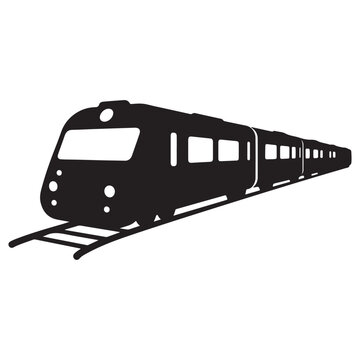 Black silhouette of a train on tracks moving on rails