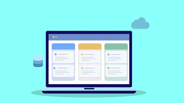 Flat vector animation of laptop dashboard with cloud and database icons representing cloud computing, data storage management, and digital information systems.
