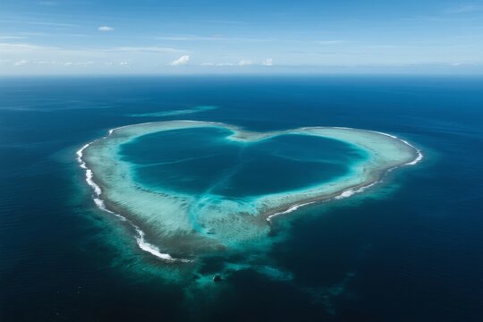Aerial view of a heart-shaped coral atoll in the ocean with turquoise waters and surrounding deep blue sea