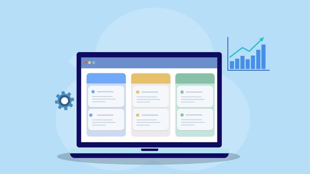 Flat vector animation of laptop analytics dashboard with gear settings and growth chart representing data analysis, business performance monitoring, and digital system configuration.