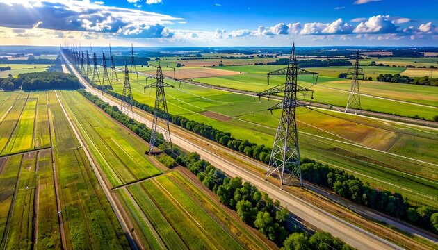 Tall electricity pylons stretch across agricultural fields under a blue sky