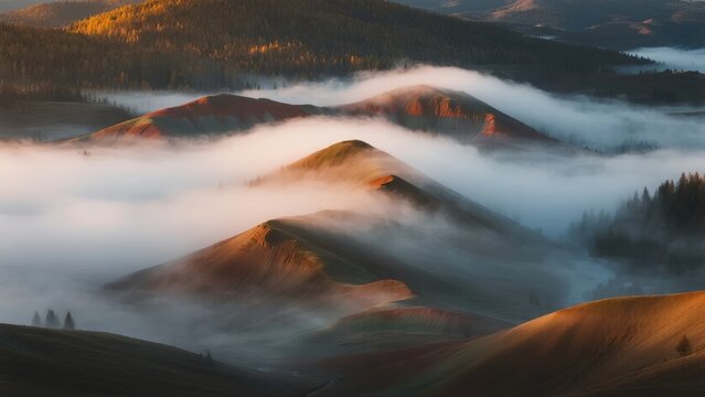 Mist-covered rolling hills at sunrise with golden light illuminating mountain slopes