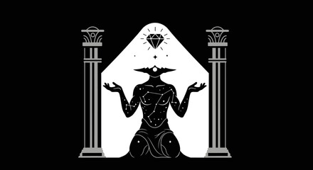 Obraz premium Mystical Celestial Being Kneeling Under Diamond Archway, Cosmic Energy
