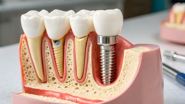 Dental implant model showing screw and replacement tooth