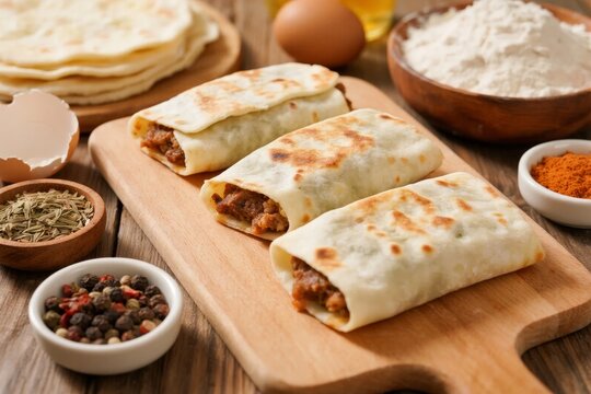 Freshly prepared stuffed flatbreads on a wooden cutting board with spices, flour, and ingredients in the background