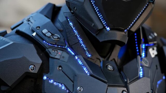 Close view of a futuristic robotic suit with glowing elements designed for advanced technology and enhancement in various environments